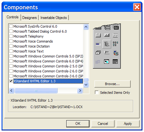Dialog box displaying a list of all components registered on the computer with XStandard XHTML Editor selected.