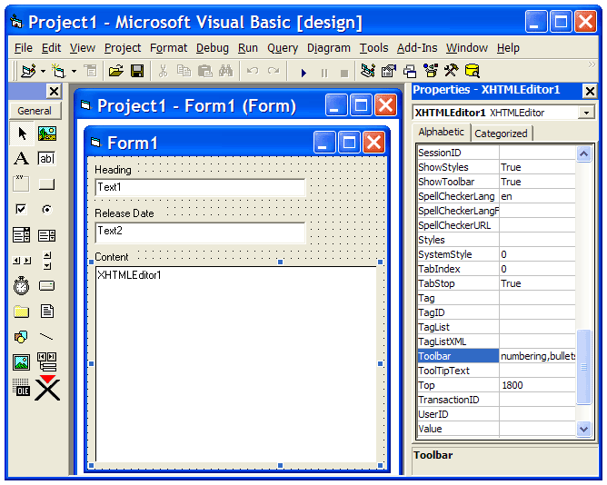 Screenshot of the VB 6 environment. XStandard is on the Toolbox as well as on a form. The properties for the editor are displayed in the Properties Window.
