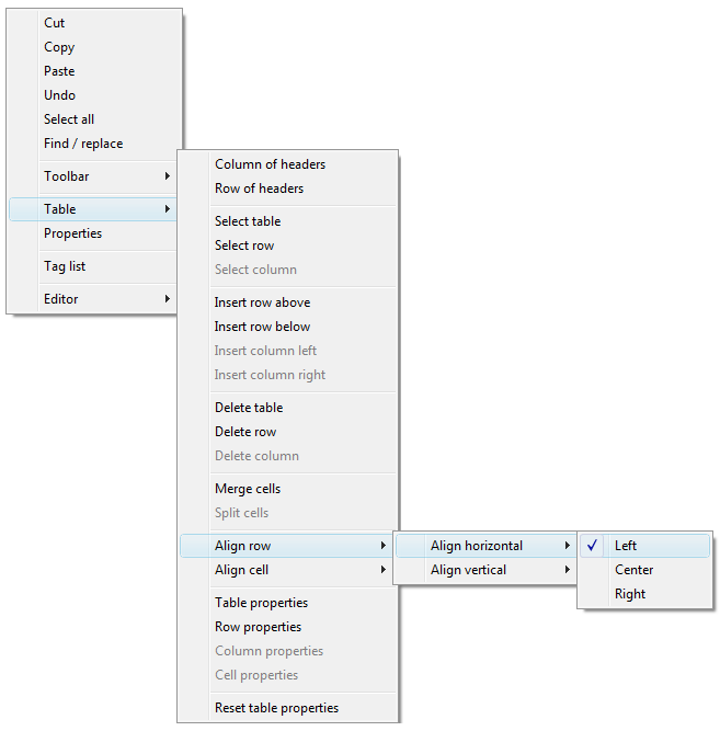 Context menu for authoring tables.