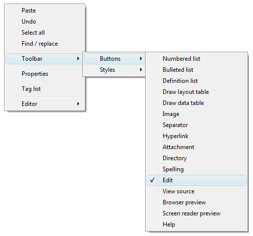 Context menu showing access to the toolbar.