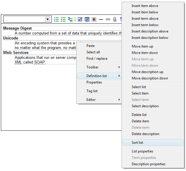 Screen shot showing the context menu options for authoring definition lists.