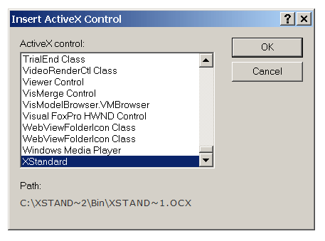 Screen shot of Insert ActiveX Control dialog box with XStandard select in a list box.