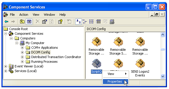 Screen shot of ScriptQ selected in Component Services.