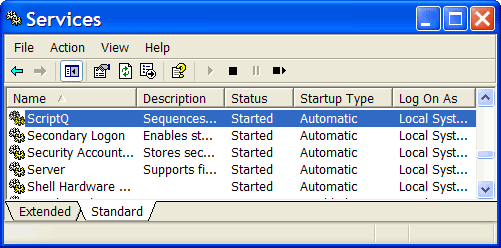 Screen shot of ScriptQ listed in the Control Panel > Services.