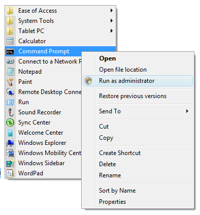 Context menu for the command prompt showing the option to run as administrator.