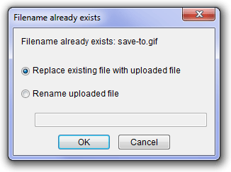 File name already exists warning. Available options: 'Replace existing file with uploaded file' and 'Rename uploaded file'.