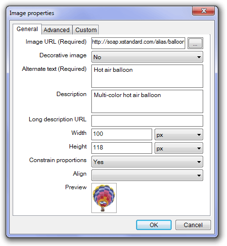 The Image properties dialog box containing the following fields: Image URL, Decorative image, Alternate text, Description, Long description URL, Width, Height, Constrain proportions, Align and Preview.