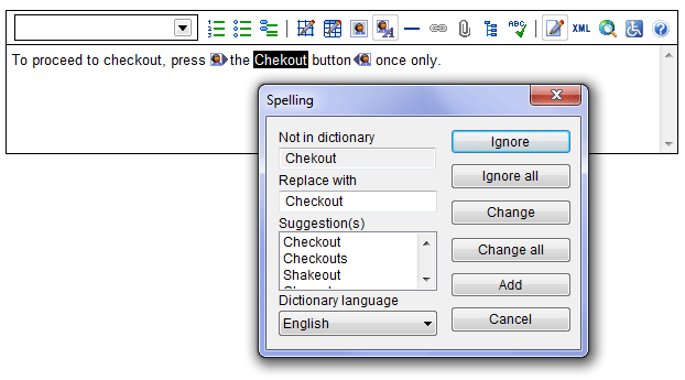 Screen shot of the editor's spell checker highlighting a misspelled word in alternate text.