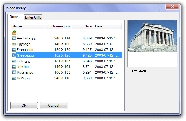 Image library dialog box. A file is selected from a list box and a thumbnail of the image is displayed.