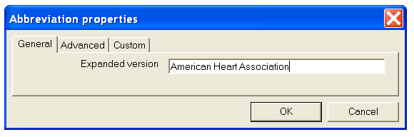 Abbreviation properties dialog box.