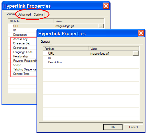 Two property dialog boxes. One shows 3 tags and all properties. The other shows only 1 tab and just the most common properties.