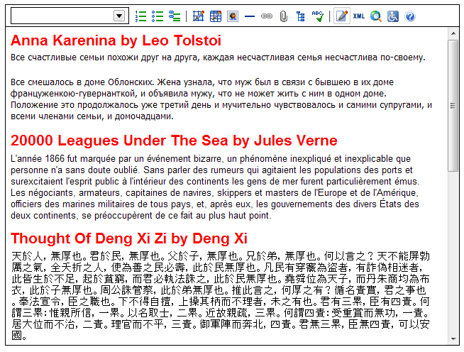 Screen shot showing content authored in multiple languages in the same editor.