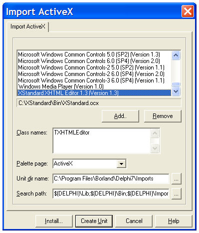 Dialog box displaying a list of all components registered on the computer with XStandard XHTML Editor selected.