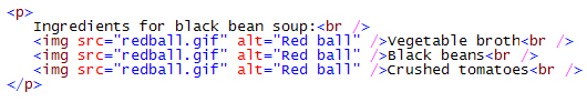 Markup showing the incorrect use of alt text for decorative images. The words 'Red ball' are used as alt text for each image in front of a list item.