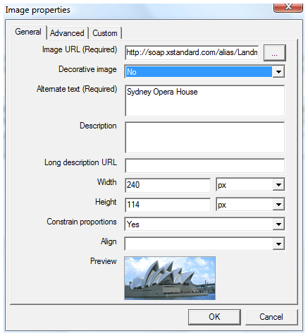 Screenshot of XStandard image properties dialog box showing fields Decorative Image, Alternate Text, Description, Image URL, Width, Height and Long Description URL.