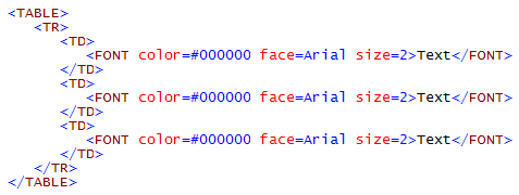 Markup for a 1 row, 3 column table using the same font tag in each cell.