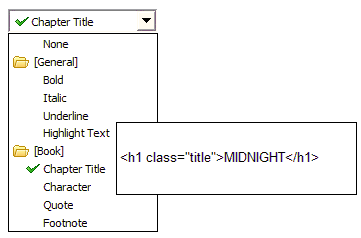 Sample markup generated using XStandard styles drop-down list. The label in the drop-down list says 'Chapter Title' and the markup created is an h1 tag with a class value of 'title'.