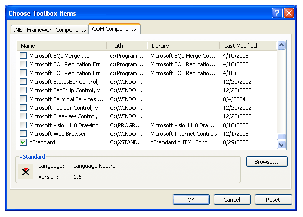 Screen shot of Choose Toolbox Items with XStandard selected.