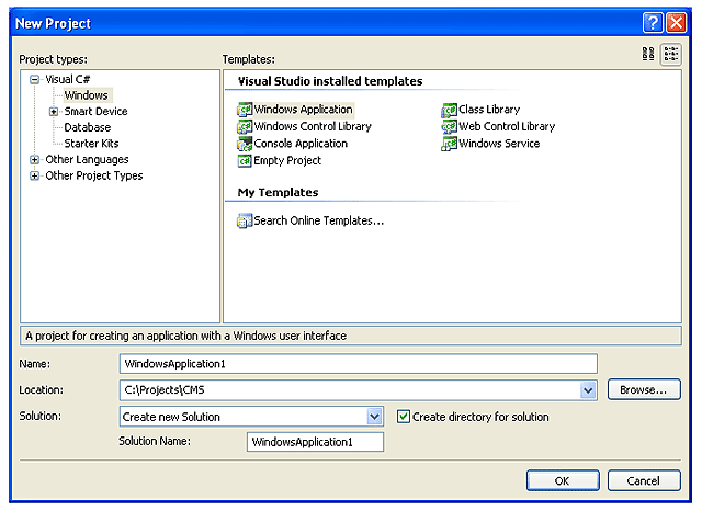 Screen shot of Visual Studio New Project selector. Windows Application selected.