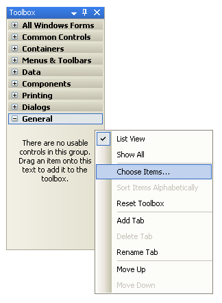 Screen shot of Toolbox with the context menu extended. Choose Items is selected.