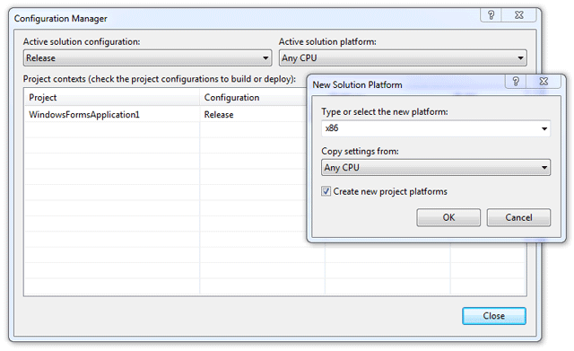 Screen shot of a New Solutions Platform dialog box. In the field 'Type or select the new platform', x86 is selected.