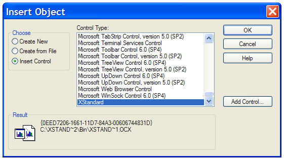 Dialog box displaying a list of all components registered on the computer with XStandard selected.