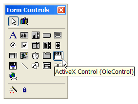 Form Controls Toolbar with the cursor over the OLE button