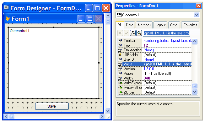 Screenshot of the Visual FoxPro environment. XStandard is on the form. The properties for the editor are displayed in the Properties window.