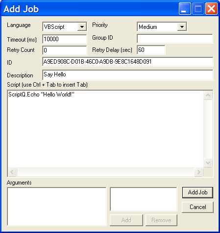 ScriptQ Monitor Add Job screen.