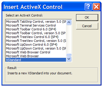 Dialog box displaying a list of all components registered on the computer with XStandard selected.