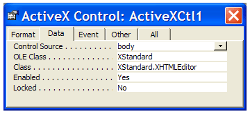 Screenshot showing a database field name in the Control Source property in order to data bind the editor to a database field.