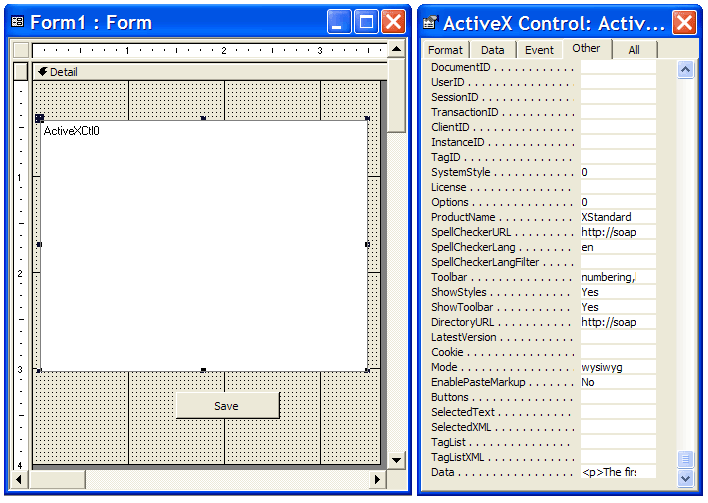 Screenshot of the Access 2000 environment. XStandard is on a form. The properties for the editor are displayed in the Properties window.