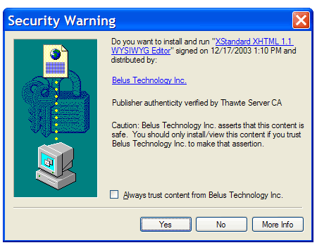 Internet Explorer Security Warning dialog box.