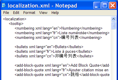 An image of a multi-lingual XML localization file being edited in notepad.