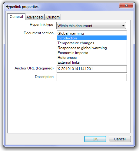 Hyperlink properties dialog box. Hyperlink type of 'Within this document' is selected. Other fields are: 'Document section', 'Anchor URL' and 'Description'.