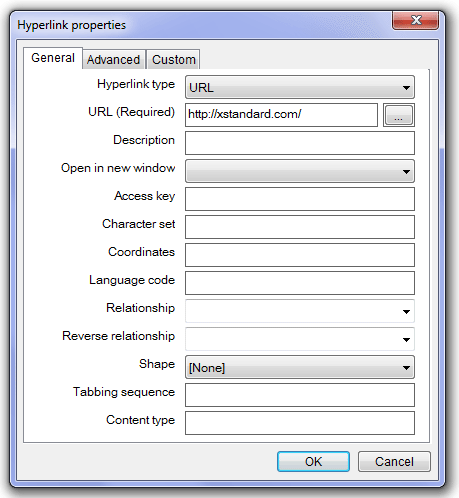 Hyperlink properties dialog box. Hyperlink type of 'URL' is selected. Other fields are: 'URL', 'Description', 'Open in new window', 'Access key', 'Character set', 'Coordinates', 'Language code', 'Relationship', 'Reverse relationship', 'Shape', 'Tabbing sequence' and 'Content type'.