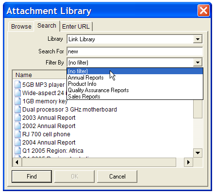 Attachment Library dialog box with Search tab selected.