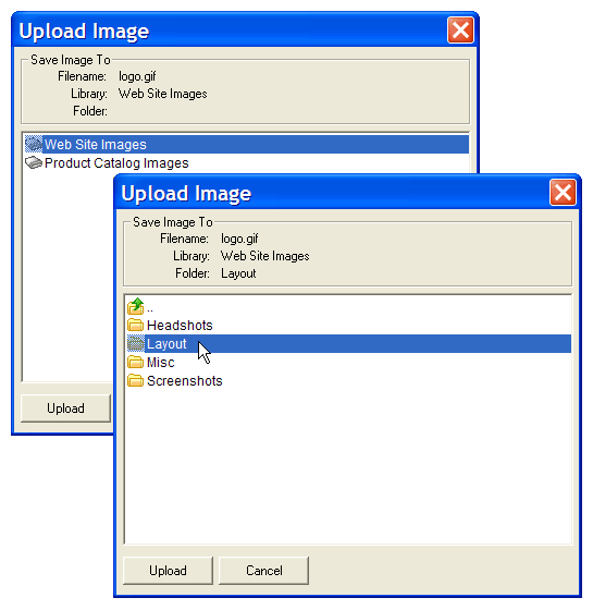 Image Upload dialog box with a sub-folder selected.