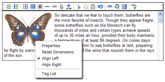 Align image left or right via pop-up menu.