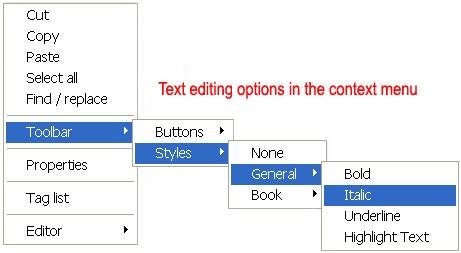 Text editing in the context menu.