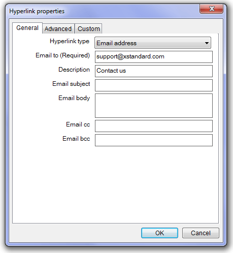 Screen shot of 'Hyperlink properties' dialog box for creating an email hyperlink. The 'Hyperlink type' field is set to 'Email address'. The dialog box contains controls labeled 'Email to', 'Description', 'Email subject', 'Email body', 'Email cc' and 'Email bcc'.