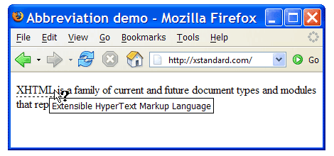 Screen shot showing the full or expanded form of an abbreviation displayed as a tooltip.