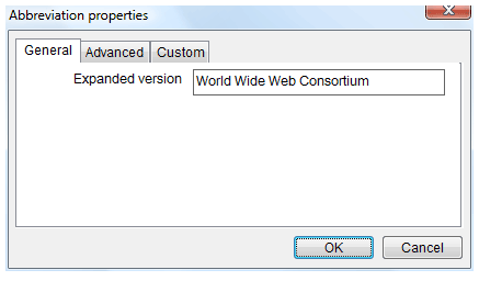 Dialog box prompting the user to enter expanded text for an abbreviation.