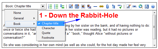 Illustration shows XStandard with Styles menu extended. The option 'Chapter title' is selected. An arrow points to a heading in the contents of the editor. The heading is red and in large font.