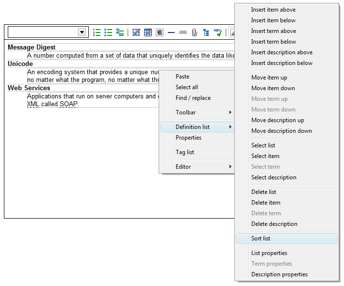 Context menu for definition lists.