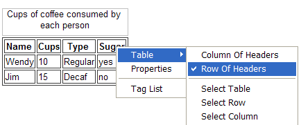 Context menu for a table shows options: 'Column of headers' and 'Row of headers'.