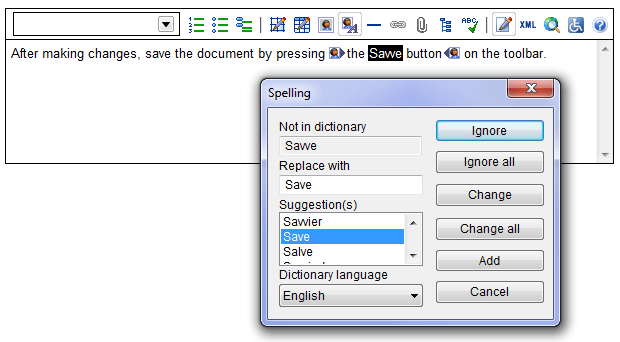 Screen shot of the spell checker dialog box checking a misspelled word in alternate text.
