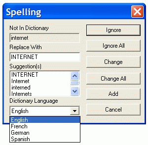 Screen shot of the spelling dialog box with a sub-set of available dictionaries.