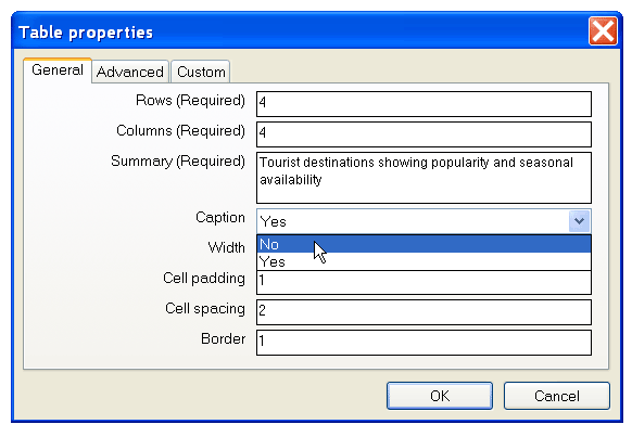 Data Table properties dialog box.