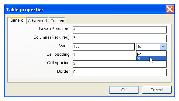 Layout table properties dialog box.